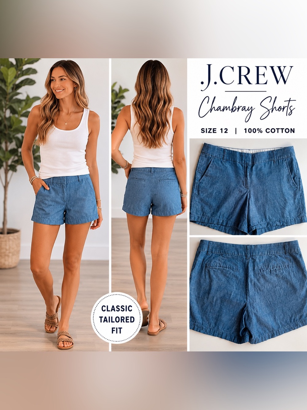 J. Crew Chambray High-Waist Shorts - Denim Blue Size 12